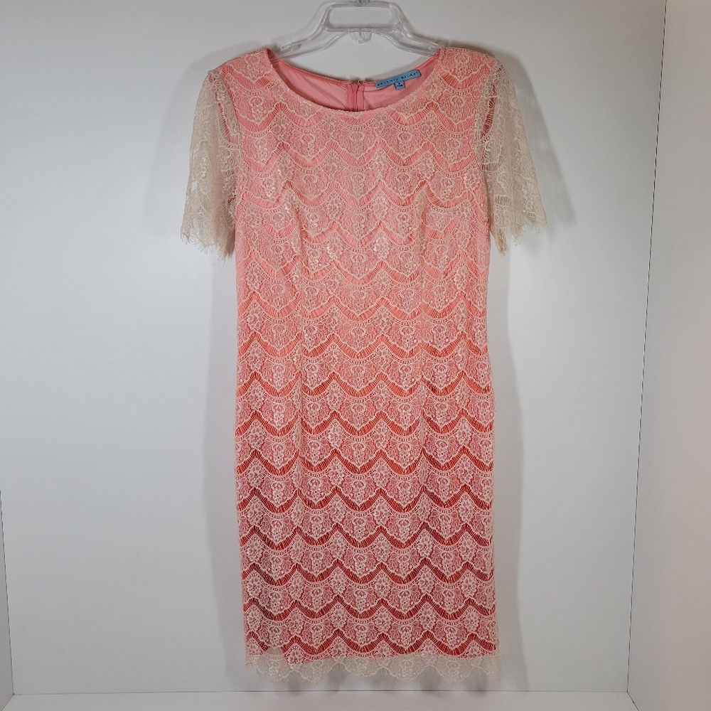Antonio Melani Coral Ombre White Lace Dress Below Knee Dress Short Sleeve Sz 8